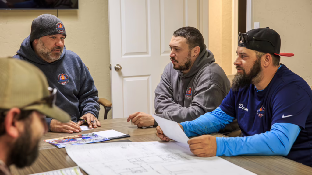 Martin's team reviewing project blueprints during remodel and construction planning