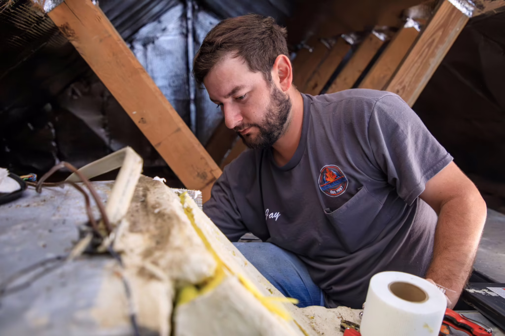 Martin's technician working on attic ductwork at the air handler where a coil UV light is installed