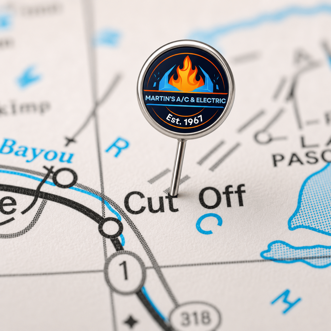 Map showing Martin's A/C & Electric location in Cut Off, LA