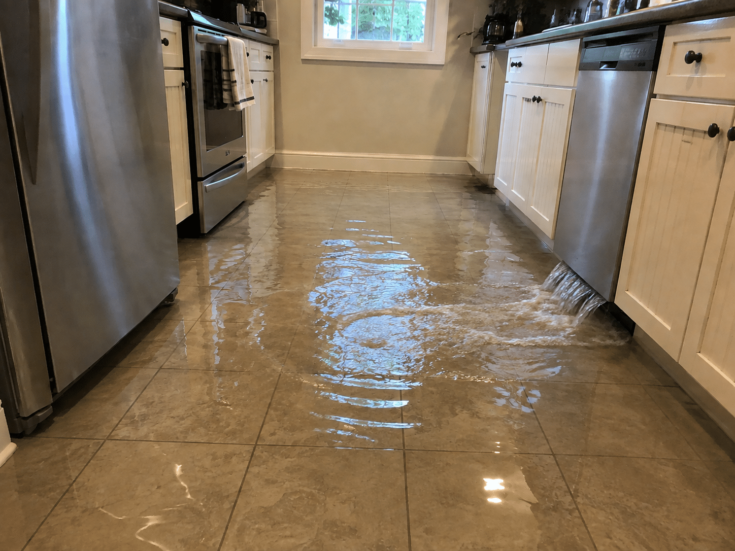 Water flooding a kitchen floor from a plumbing failure